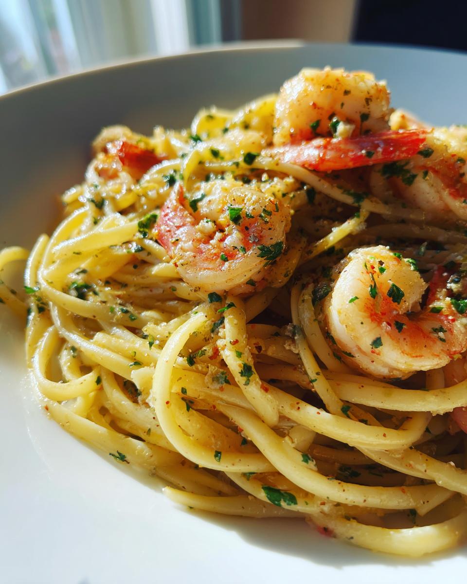 Close-up of delicious garlic butter shrimp pasta with fresh parsley and seasoning.