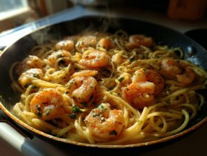 Close-up of garlic butter shrimp pasta in a skillet, with steam rising.