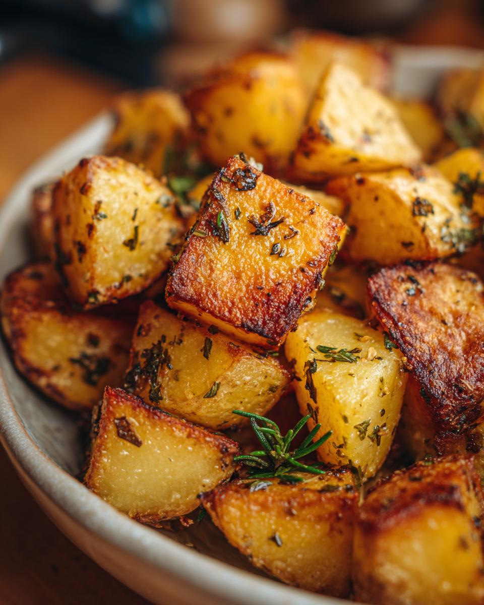 Close-up of golden brown garlic herb roasted potatoes, seasoned with fresh herbs.