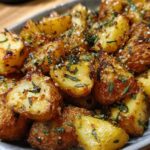 Close-up of crispy garlic herb roasted potatoes, seasoned with fresh herbs and garlic.