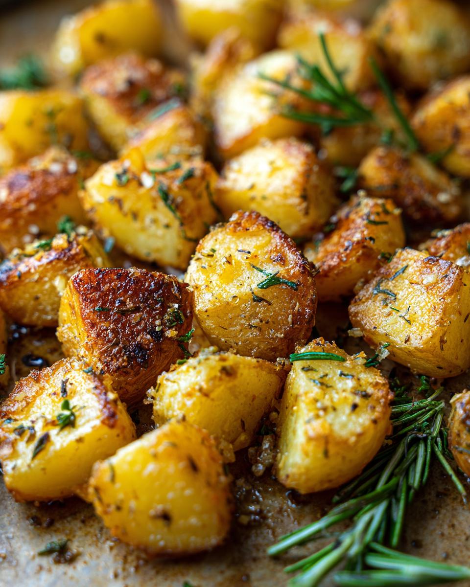 Close-up of crispy garlic herb roasted potatoes with rosemary sprigs.