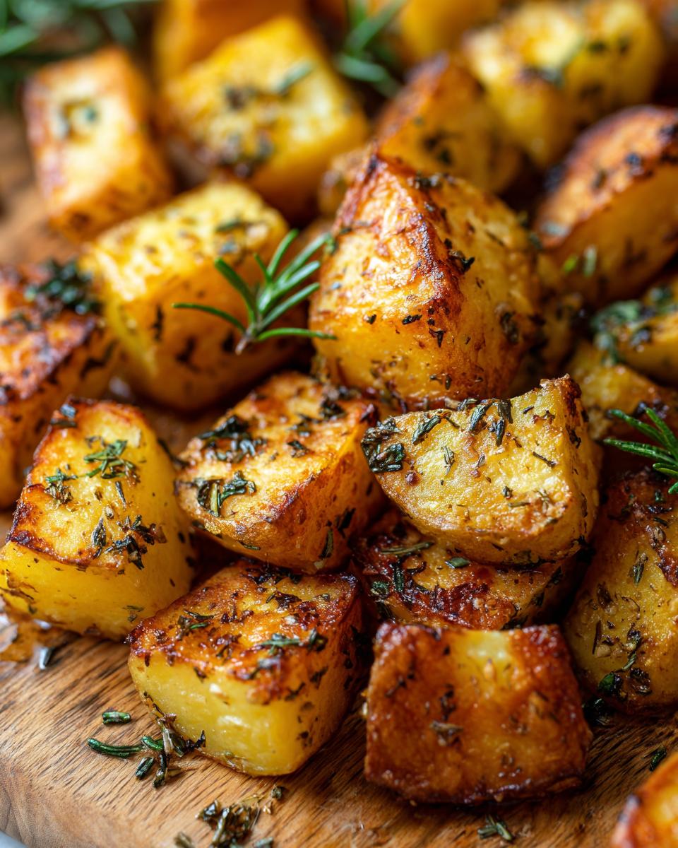 A close-up view of golden-brown, crispy garlic herb roasted potatoes seasoned with fresh rosemary.