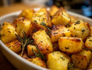 Close-up of golden brown, crispy garlic herb roasted potatoes in a white dish, garnished with rosemary.