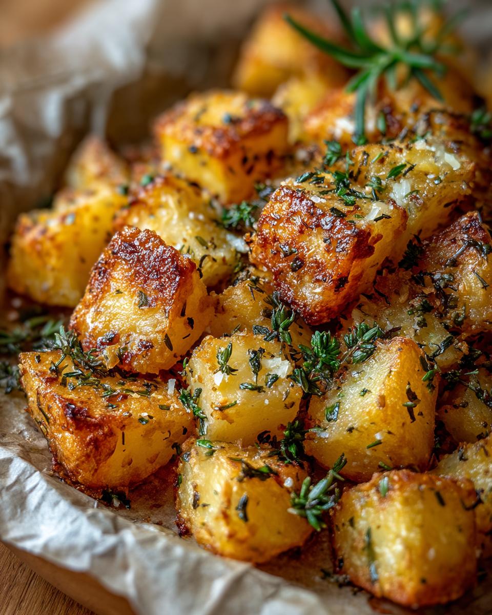 Close-up of crispy garlic herb roasted potatoes, seasoned with fresh herbs and sea salt.