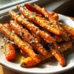 Close-up of roasted carrots tossed with garlic, parmesan cheese, and herbs.