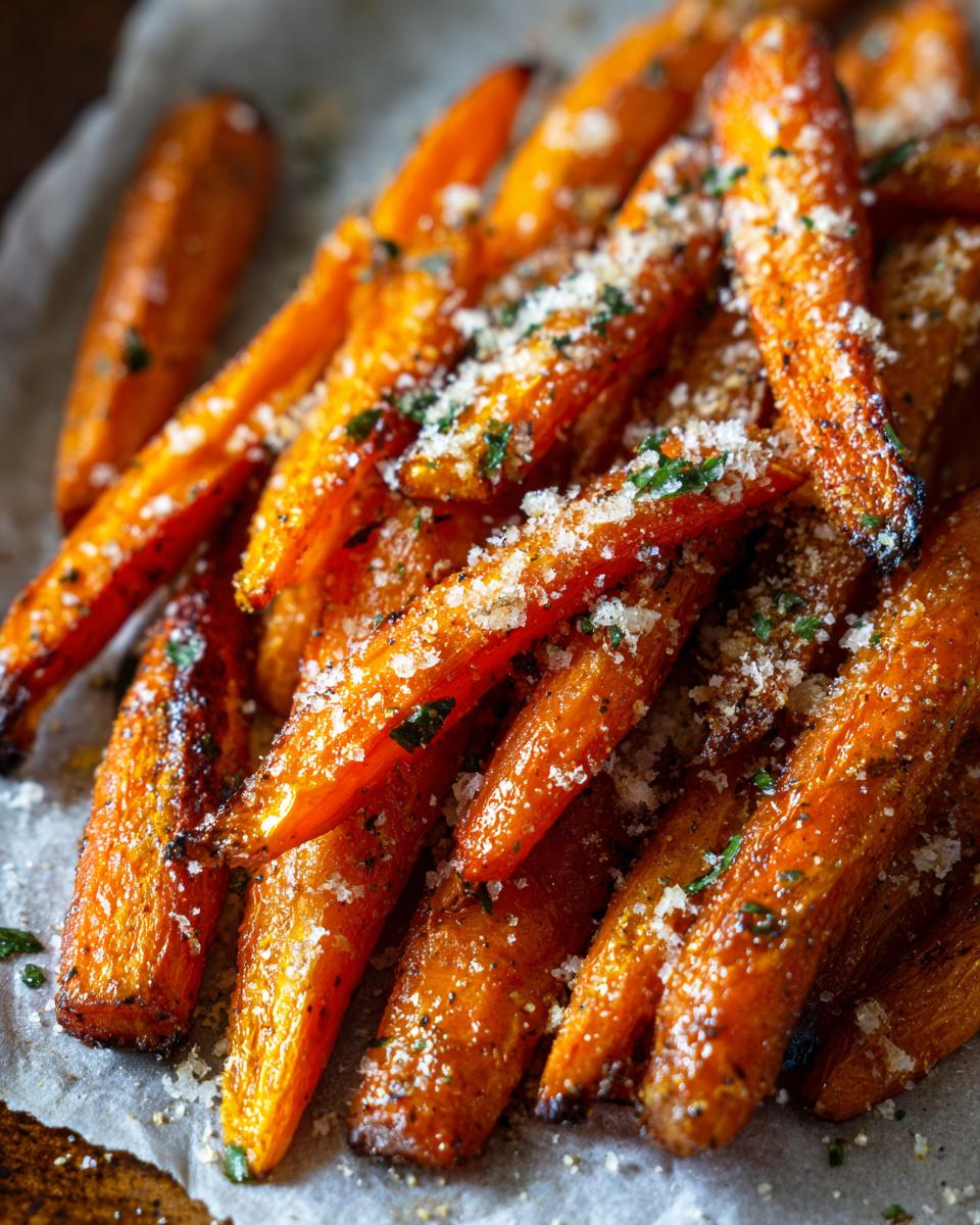 A close-up of roasted carrots sprinkled with garlic, parmesan cheese, and herbs.