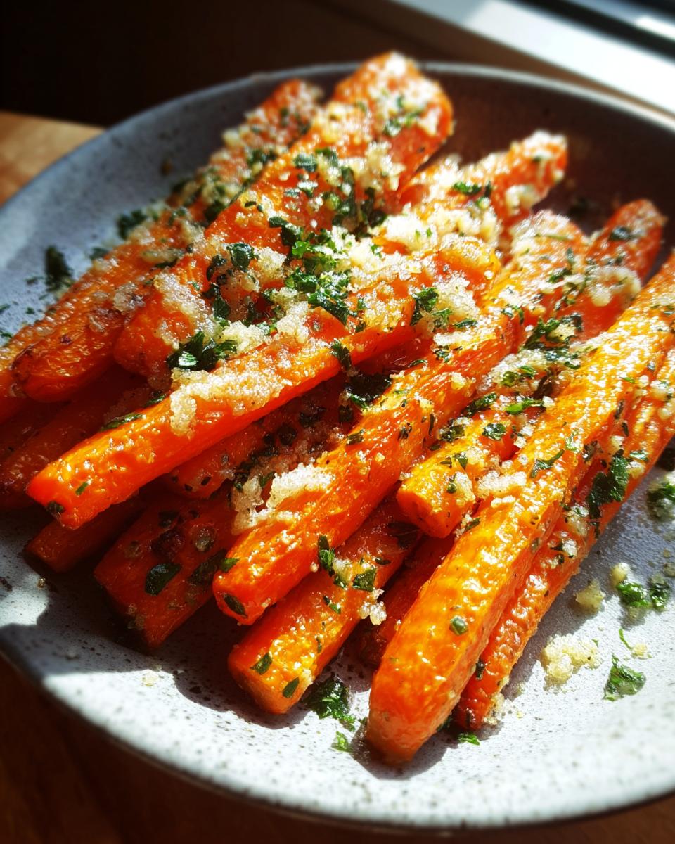 A close-up of delicious garlic parmesan roasted carrots sprinkled with fresh parsley.