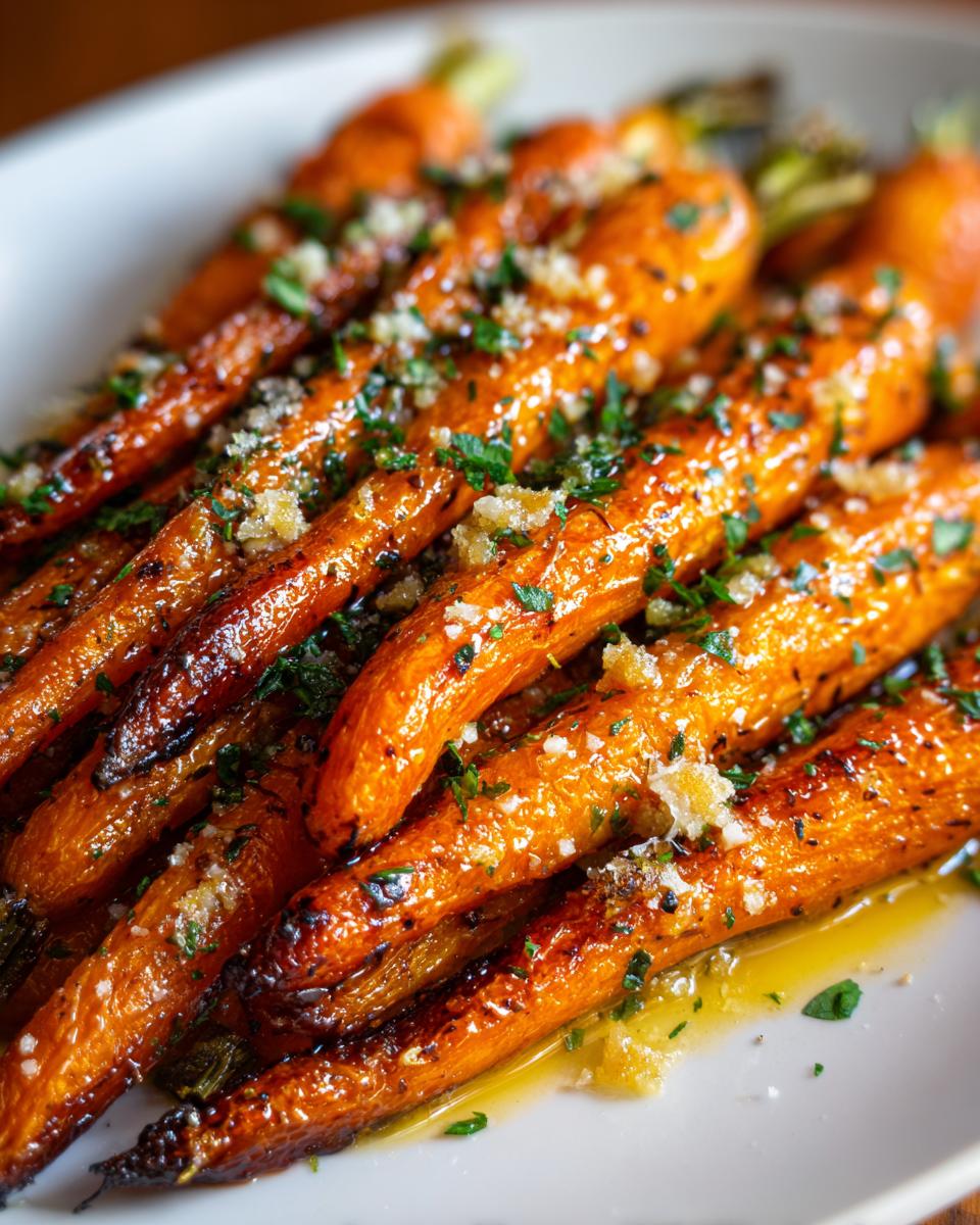 Close-up of tender garlic parmesan roasted carrots topped with fresh parsley.