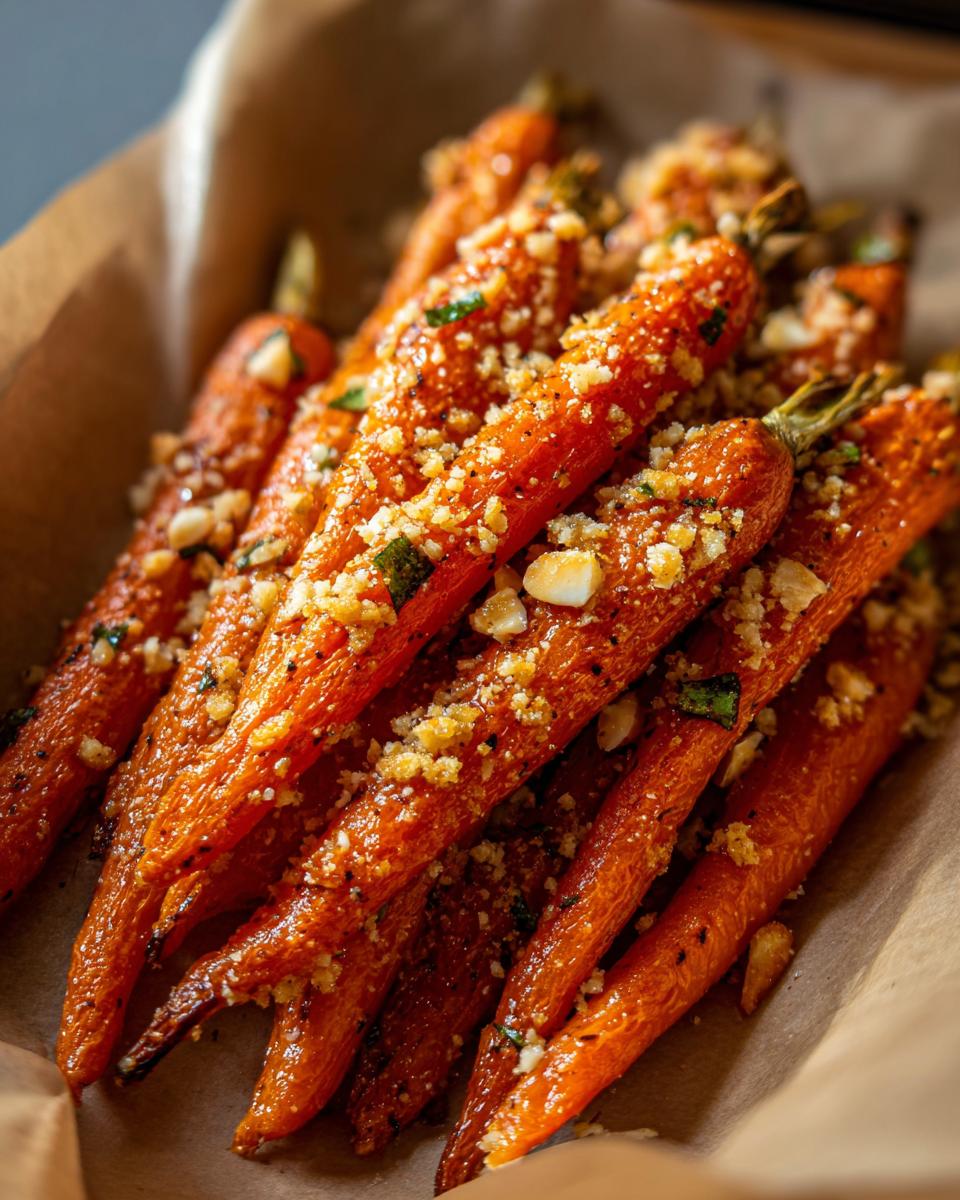 Close-up of whole garlic parmesan roasted carrots sprinkled with herbs and cheese.
