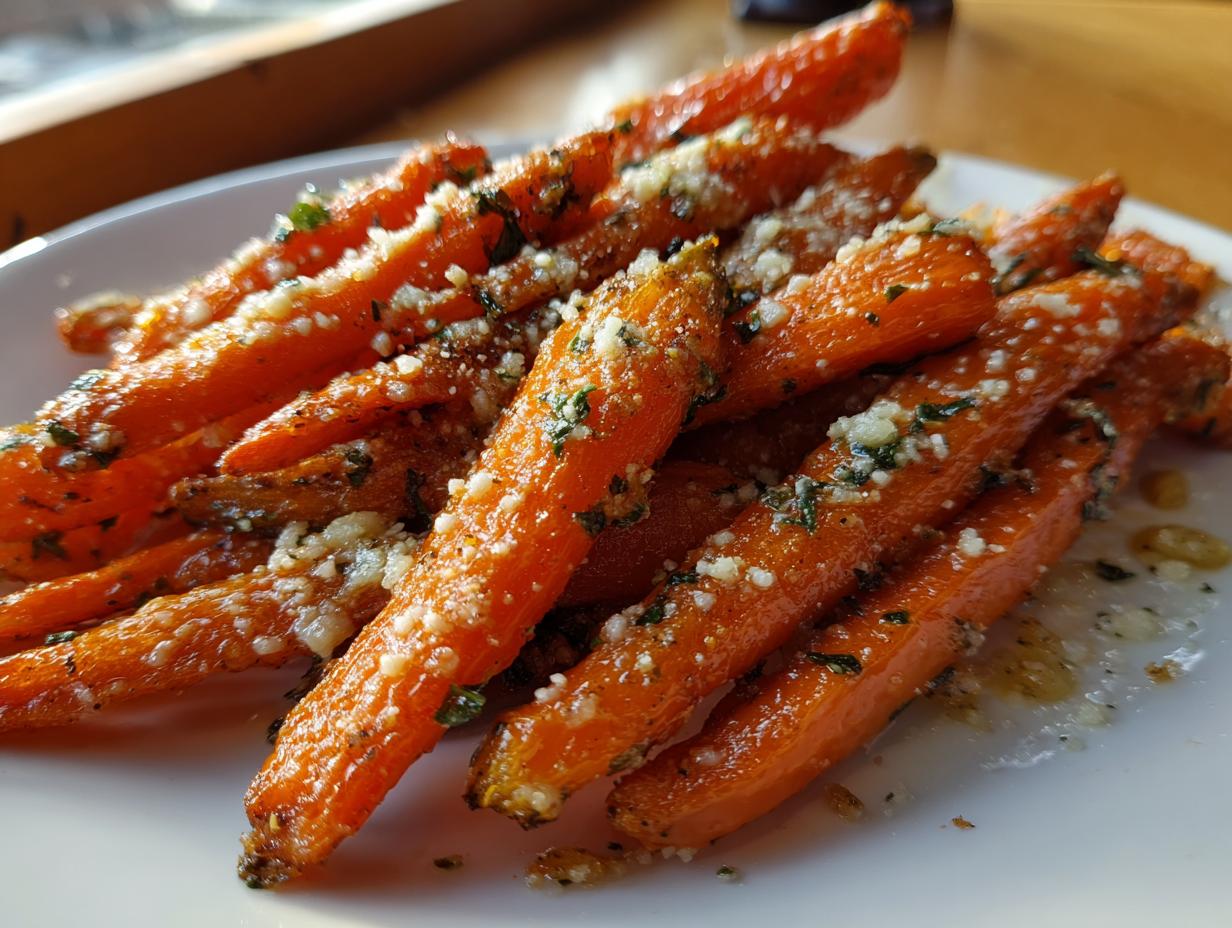 Close-up of a pile of tender garlic parmesan roasted carrots sprinkled with fresh parsley.