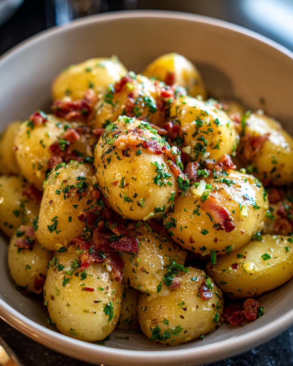 Close-up of a bowl filled with warm German potato salad, featuring small boiled potatoes, crispy bacon bits, and fresh chopped parsley.
