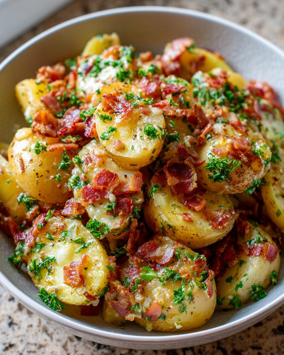A close-up of a bowl filled with warm German potato salad, topped with crispy bacon bits and fresh parsley.