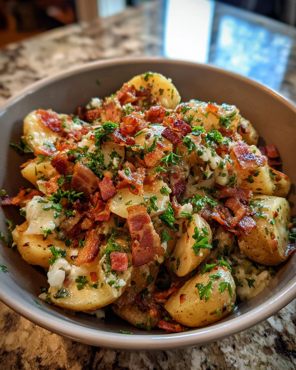 A close-up of a bowl of German potato salad, featuring tender potatoes, crispy bacon bits, and fresh chopped parsley.