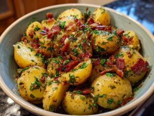 A close-up of a bowl filled with warm German potato salad, featuring tender potatoes, crispy bacon bits, and fresh parsley.