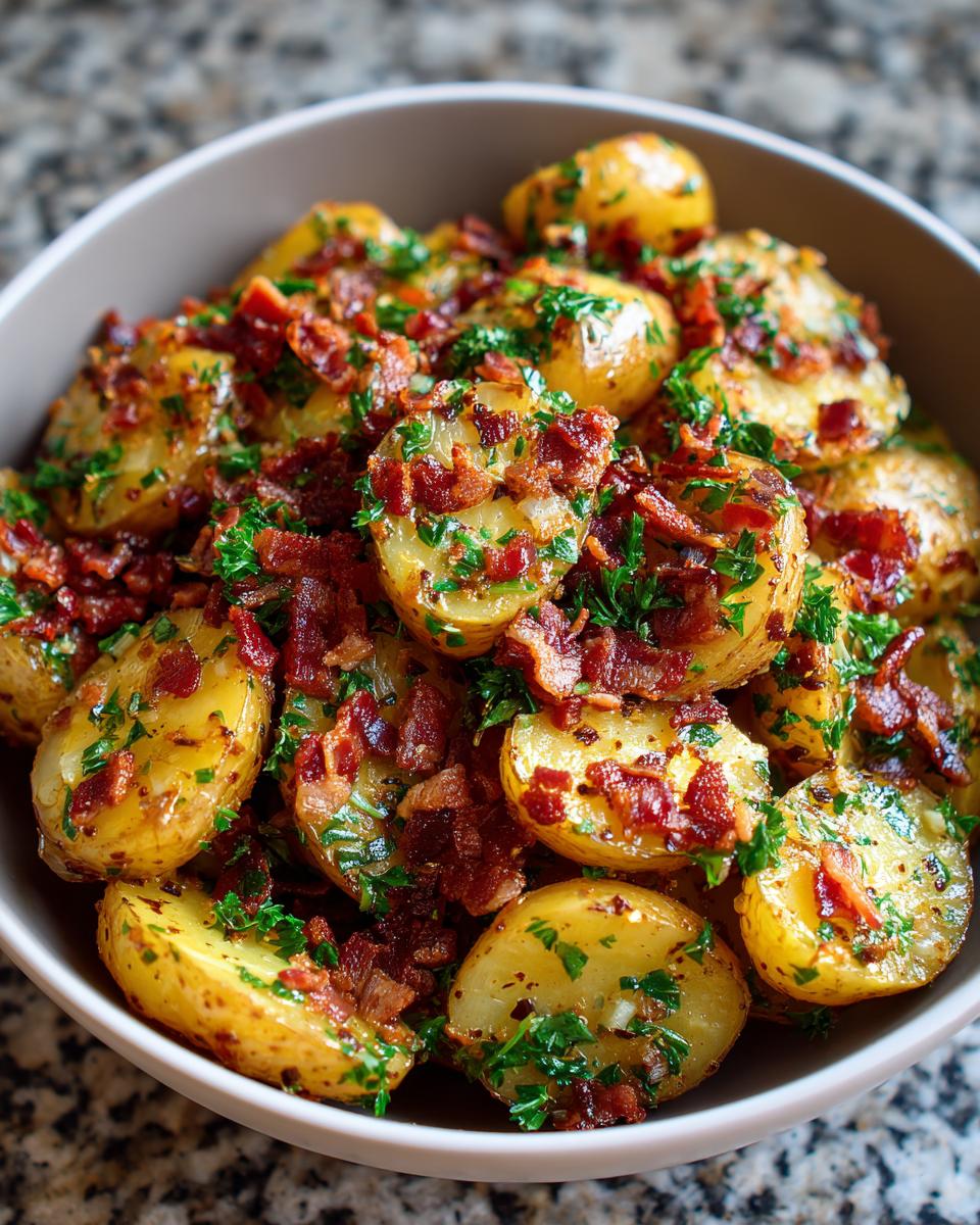 A close-up of a bowl filled with warm German potato salad, featuring halved baby potatoes topped with crispy bacon bits and fresh parsley.