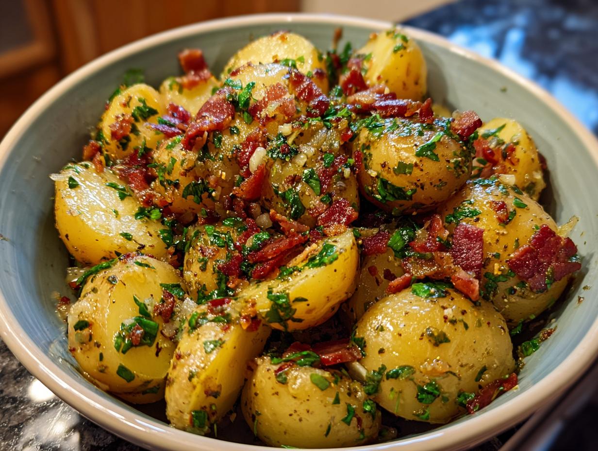 A close-up of a bowl filled with warm German potato salad, featuring tender potatoes, crispy bacon bits, and fresh parsley.