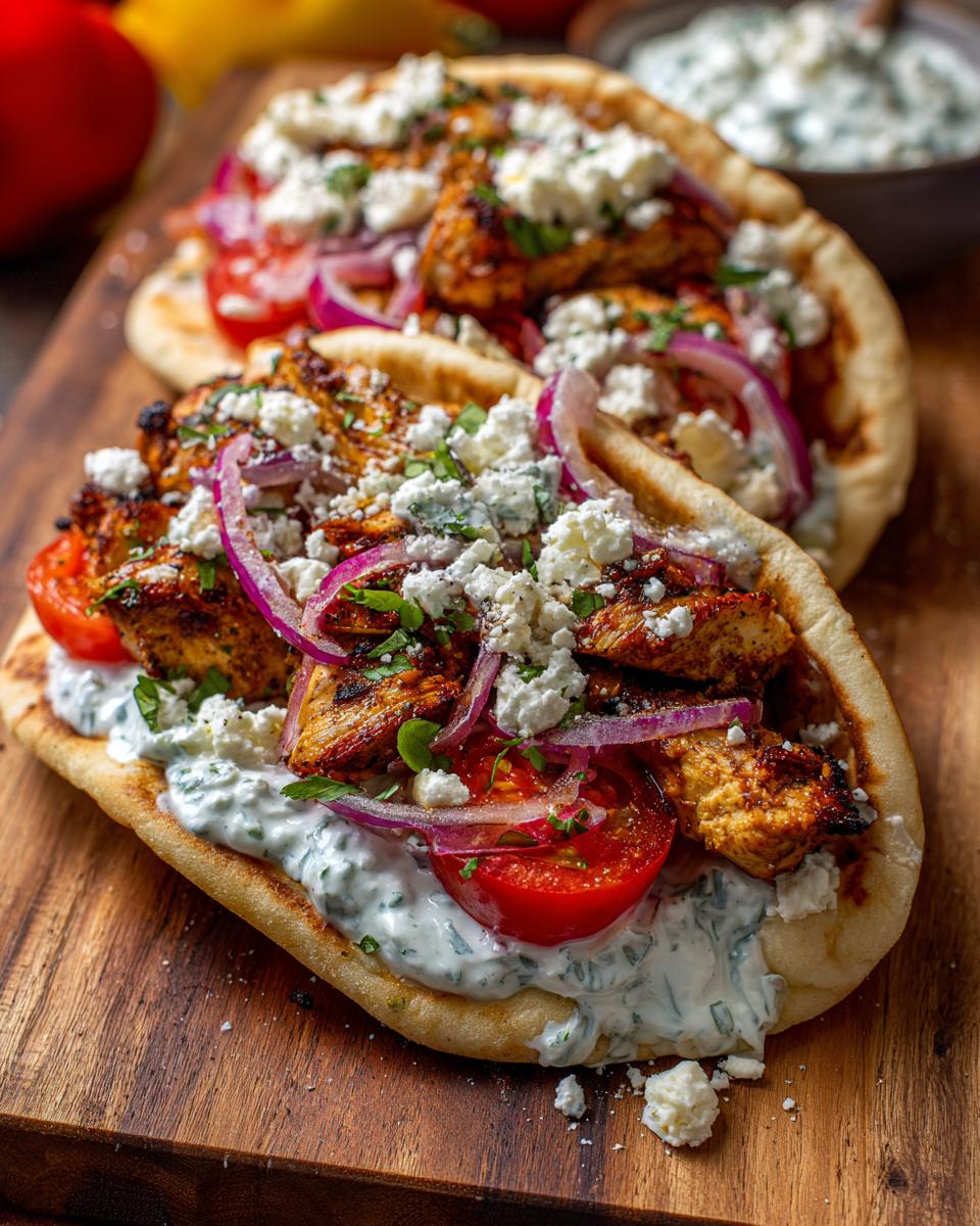 Two delicious Greek chicken gyros filled with grilled chicken, tomatoes, red onion, feta cheese, and tzatziki sauce.