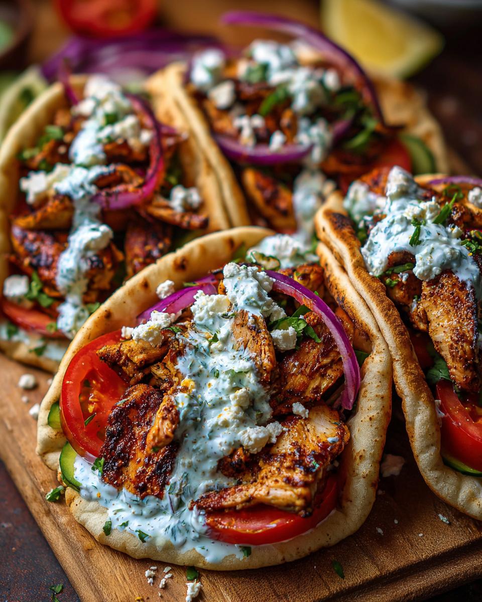 Three delicious Greek chicken gyros filled with seasoned chicken, fresh tomatoes, cucumbers, red onion, feta cheese, and tzatziki sauce.