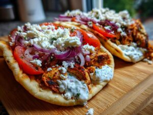 Two delicious Greek chicken gyros filled with seasoned chicken, tomatoes, red onions, feta cheese, and tzatziki sauce.