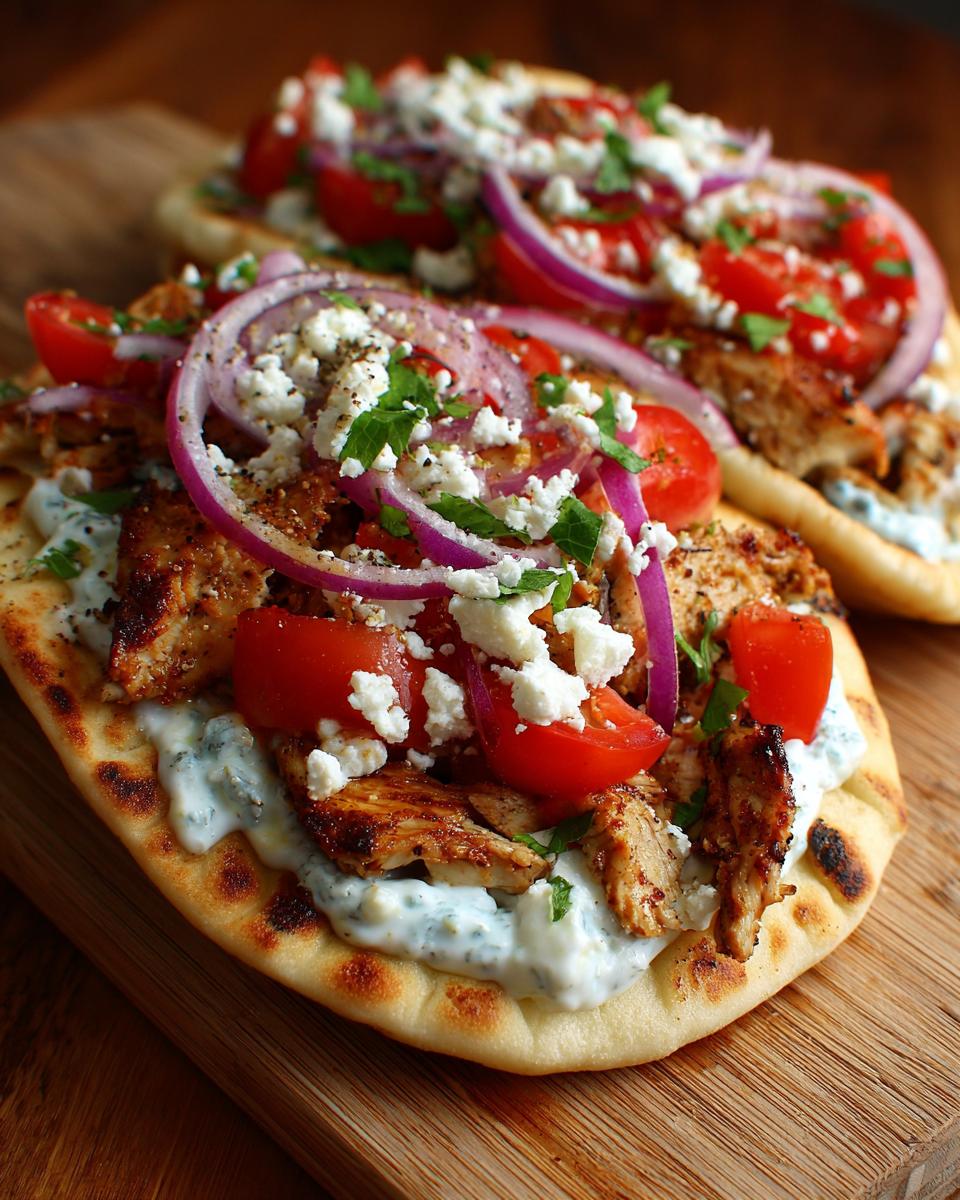 Close-up of two Greek chicken gyros on a wooden board, topped with chicken, tomatoes, red onion, feta, and tzatziki sauce.