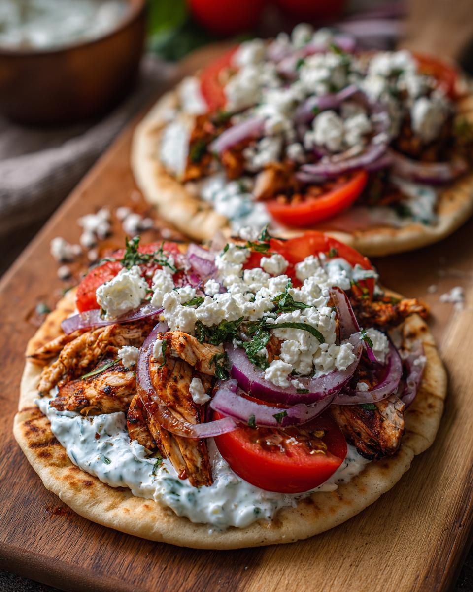Two delicious Greek chicken gyros piled high with shredded chicken, tomatoes, red onions, feta cheese, and tzatziki sauce on pita bread.