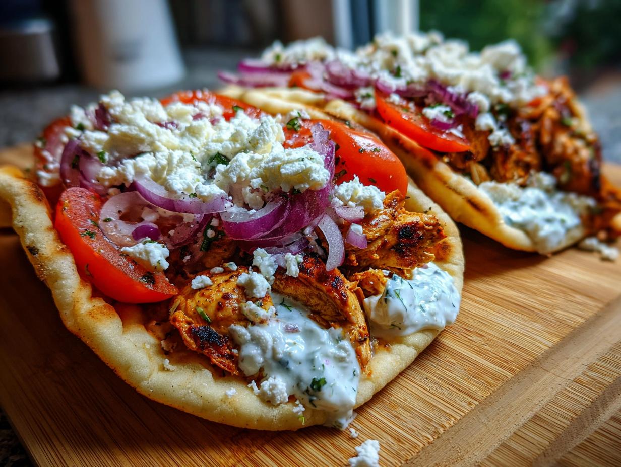 Two delicious Greek chicken gyros filled with seasoned chicken, tomatoes, red onions, feta cheese, and tzatziki sauce.