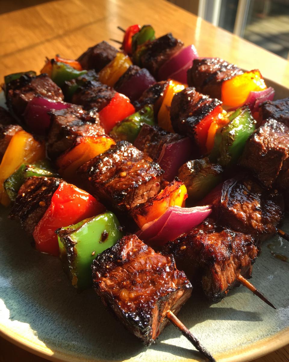 Close-up of juicy grilled steak kabobs with red, green, and yellow bell peppers and red onion.