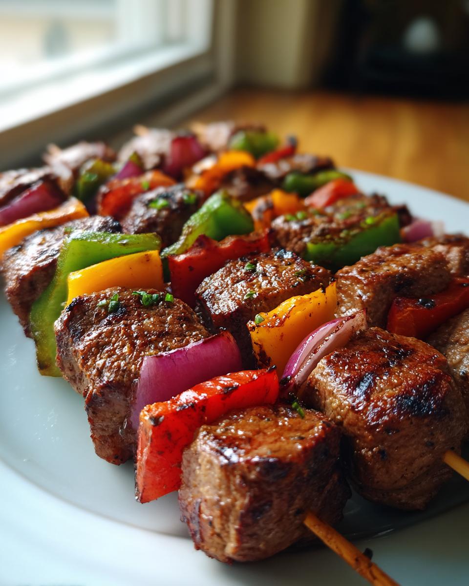 Close-up of juicy grilled steak kabobs with red, yellow, and green bell peppers and red onion.