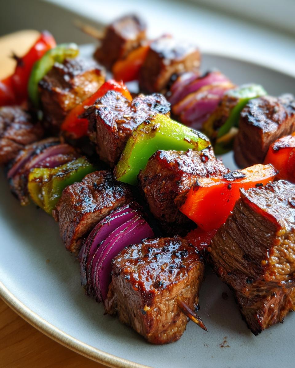 Close-up of perfectly grilled steak kabobs with colorful bell peppers and red onion.
