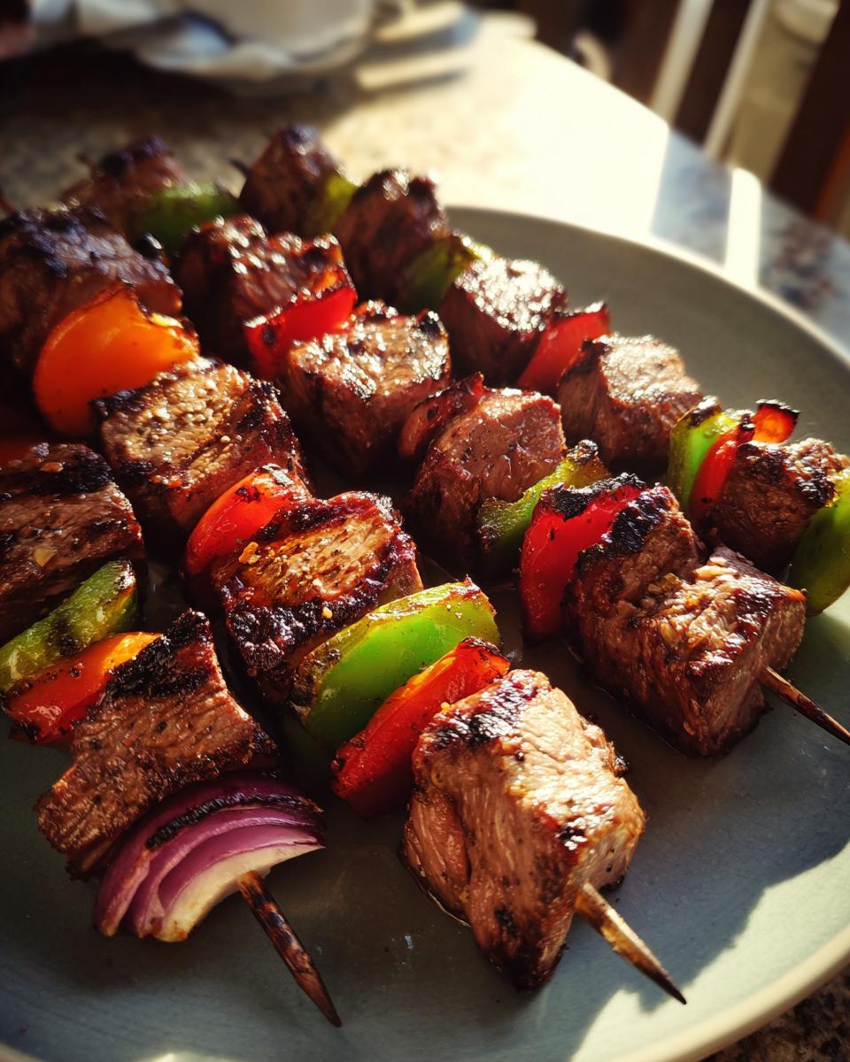 Close-up of perfectly grilled steak kabobs with chunks of steak, red bell peppers, green bell peppers, and red onion on skewers.