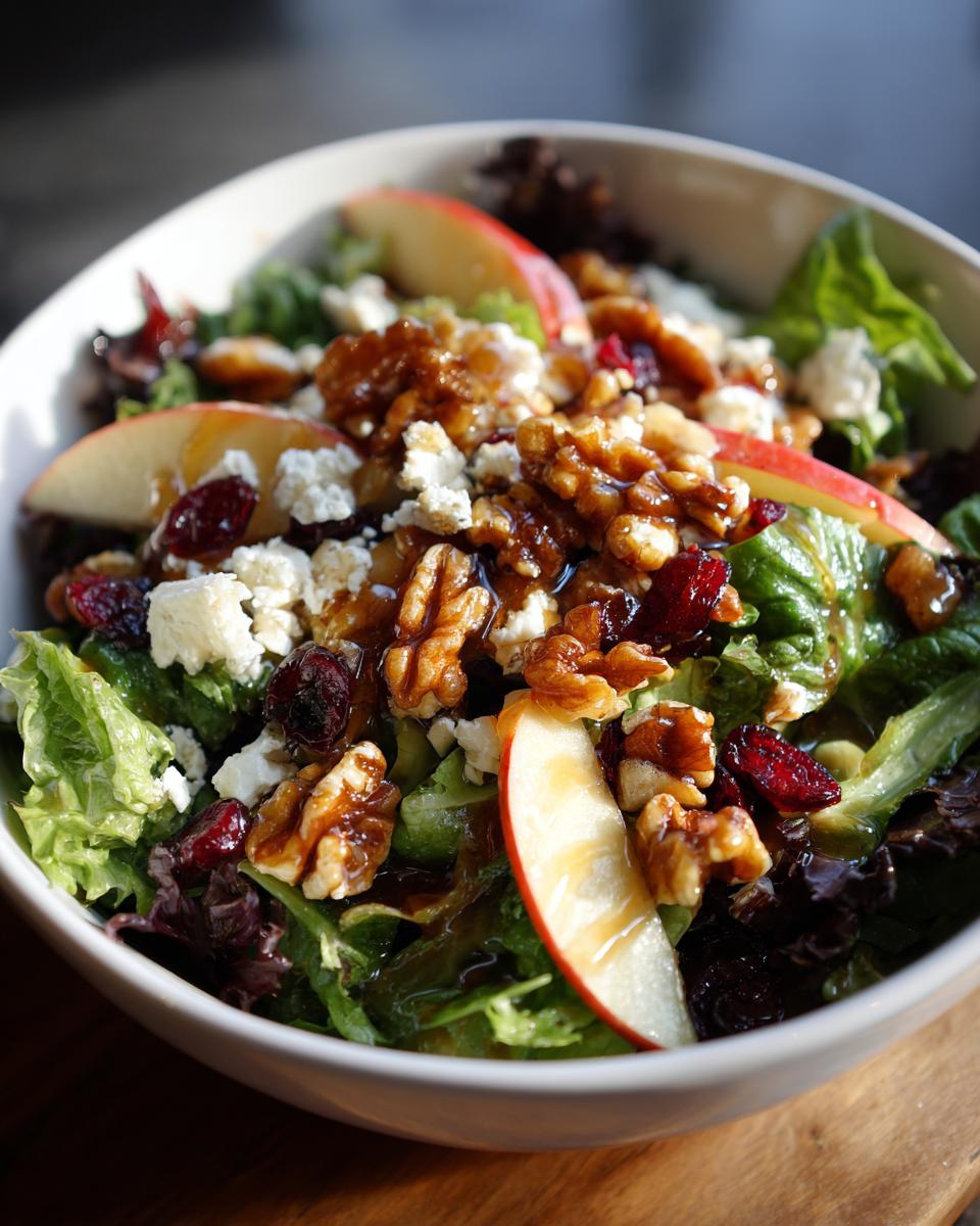 Close-up of a fresh Harvest Apple Walnut Salad with crisp lettuce, apple slices, walnuts, feta cheese, and dried cranberries.
