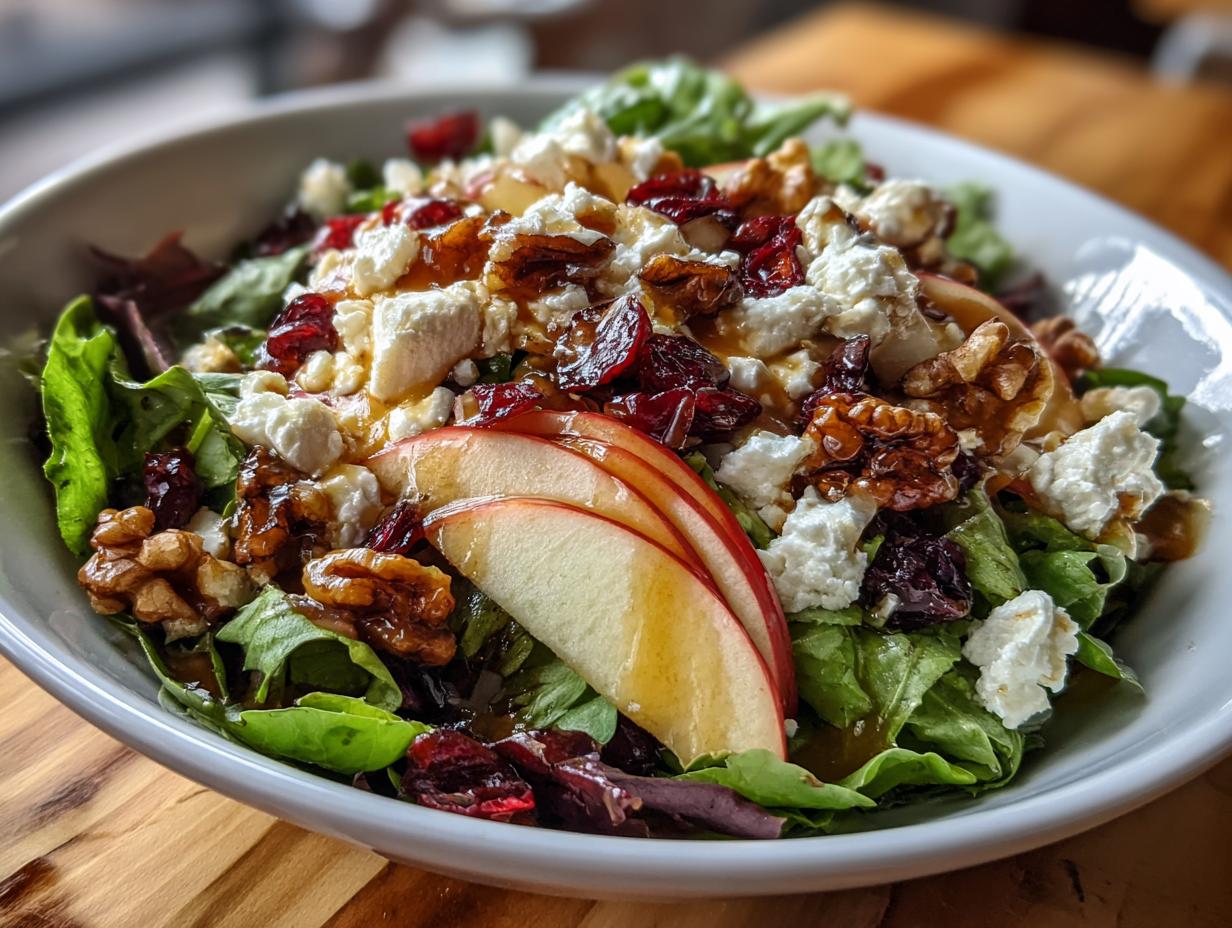 A close-up of a Harvest Apple Walnut Salad with fresh greens, crumbled feta cheese, walnuts, dried cranberries, and apple slices.