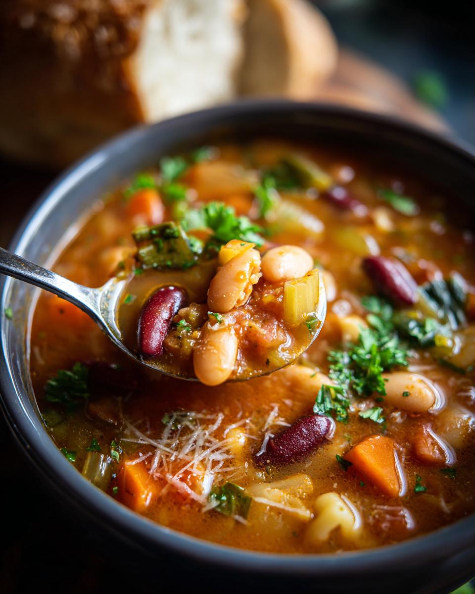 A spoonful of hearty minestrone soup filled with beans, vegetables, and herbs, with a bowl of soup and bread in the background.