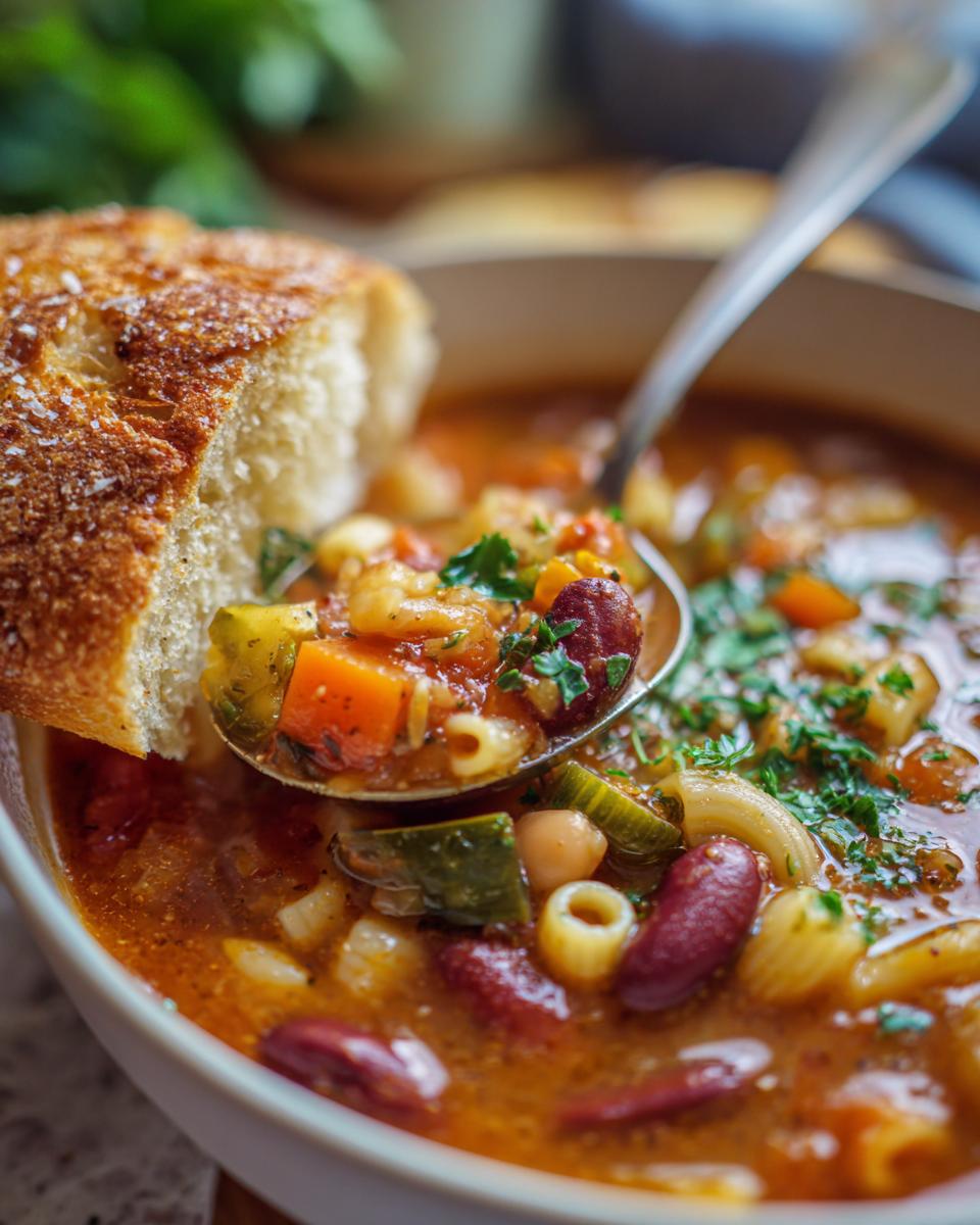 A spoonful of hearty minestrone soup filled with pasta, beans, and vegetables, served with crusty bread.