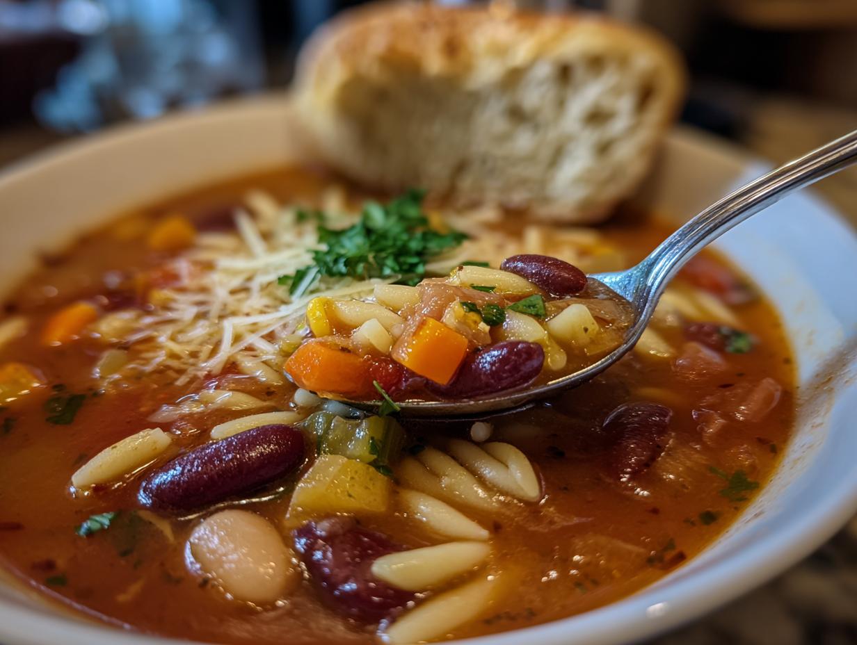 A close-up of a spoon lifting a hearty spoonful of minestrone soup, filled with beans, pasta, and vegetables.