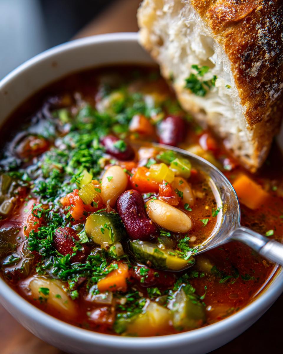 A close-up of a bowl of hearty minestrone soup, filled with vegetables and beans, with a piece of crusty bread.