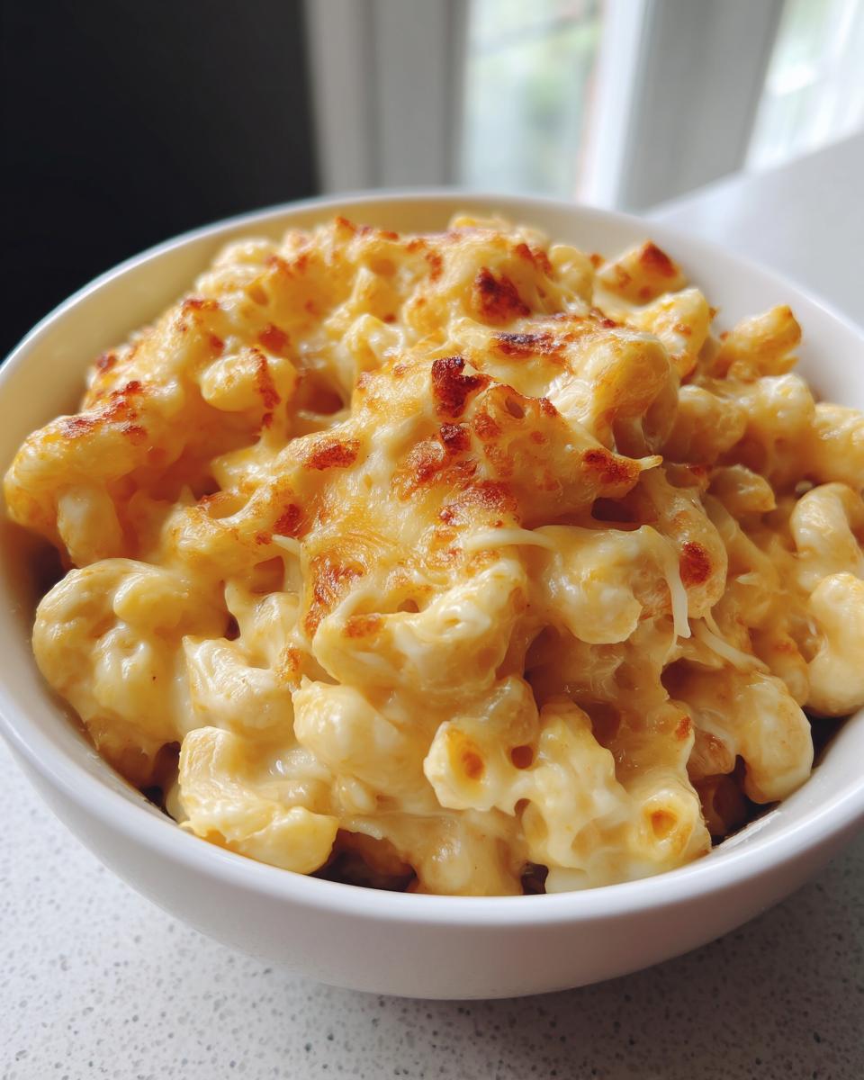 A close-up of creamy homemade mac and cheese served in a white bowl, with a golden-brown cheesy topping.