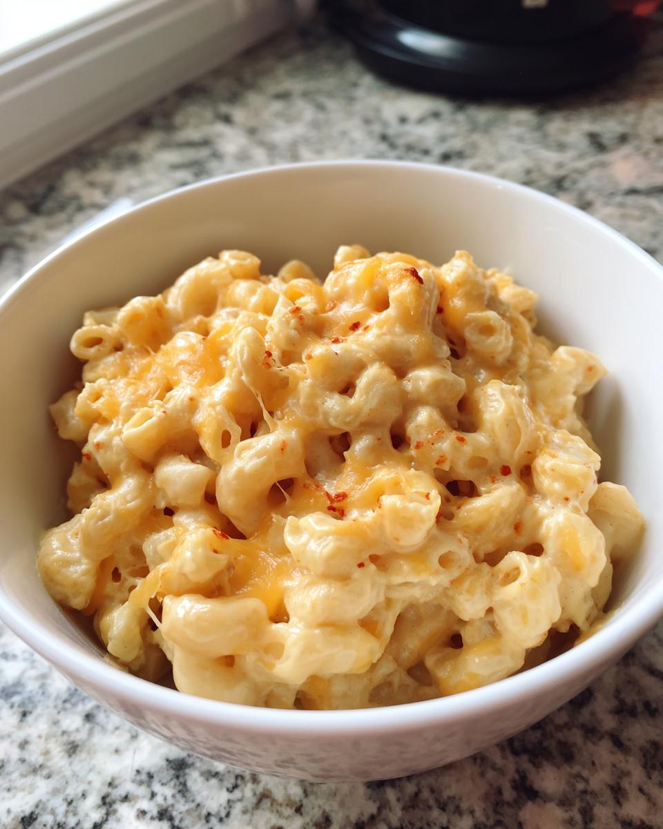 A close-up of a white bowl filled with creamy homemade mac and cheese, topped with melted cheddar and a sprinkle of paprika.