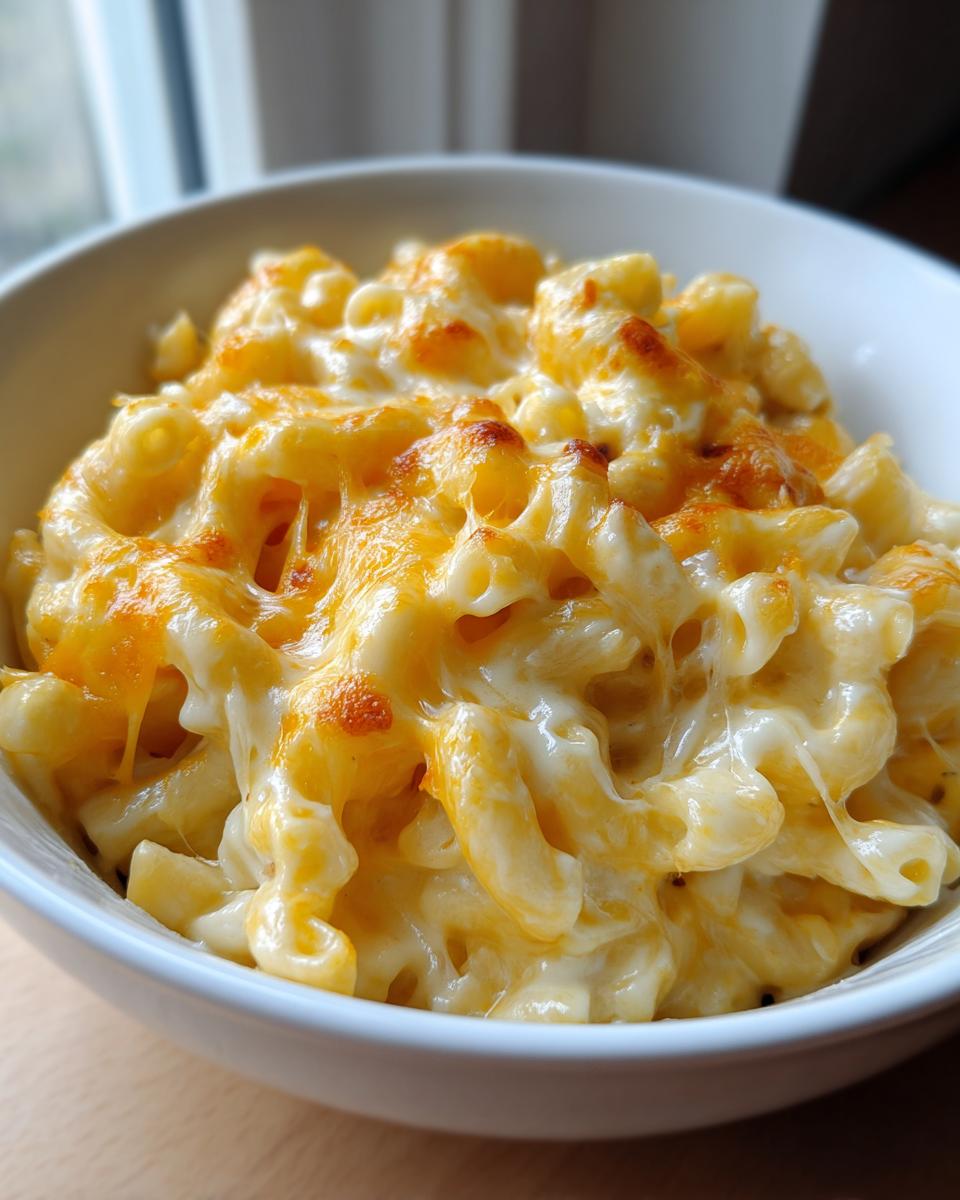 Close-up of creamy homemade mac and cheese with melted, golden-brown cheese topping in a white bowl.