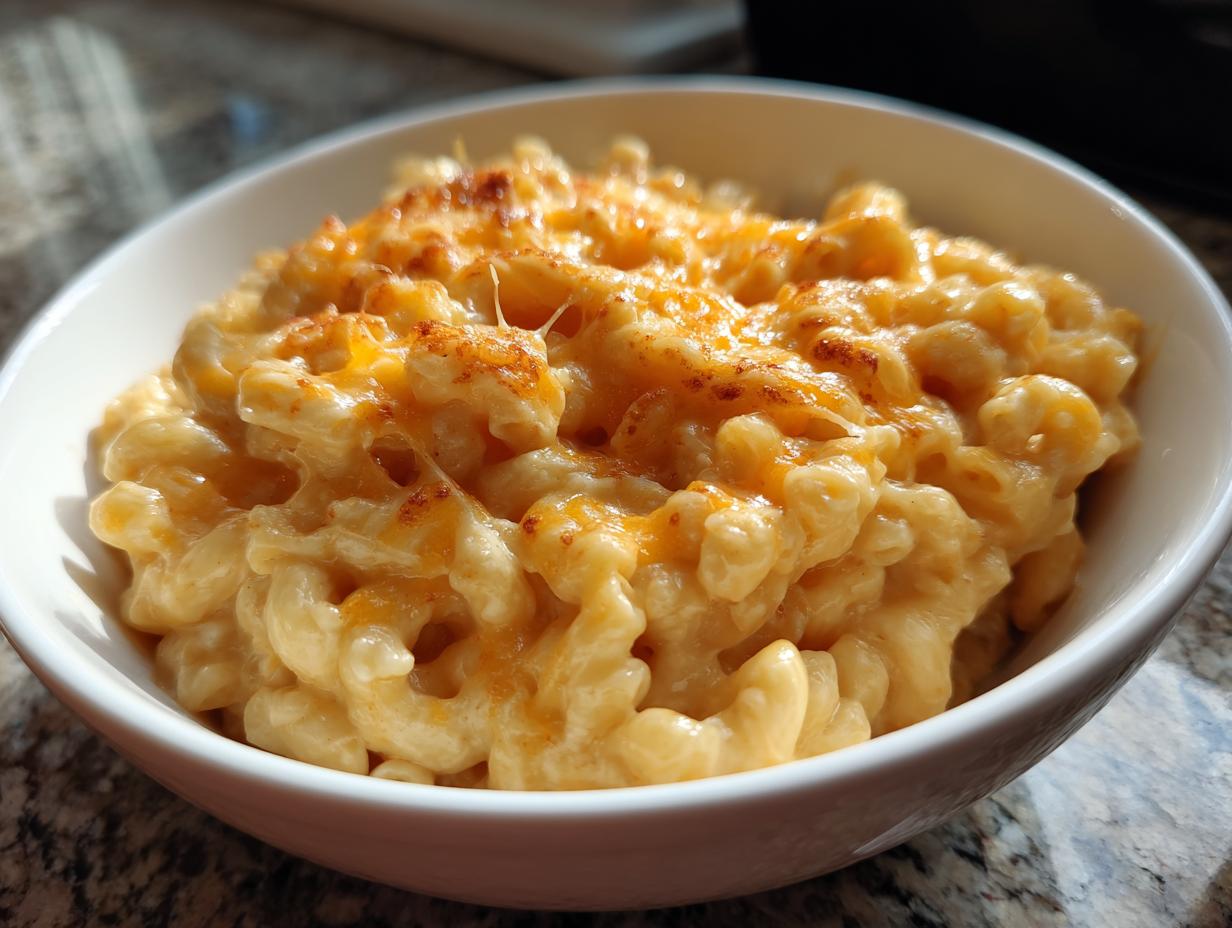 A close-up of creamy homemade mac and cheese in a white bowl, topped with melted cheese.