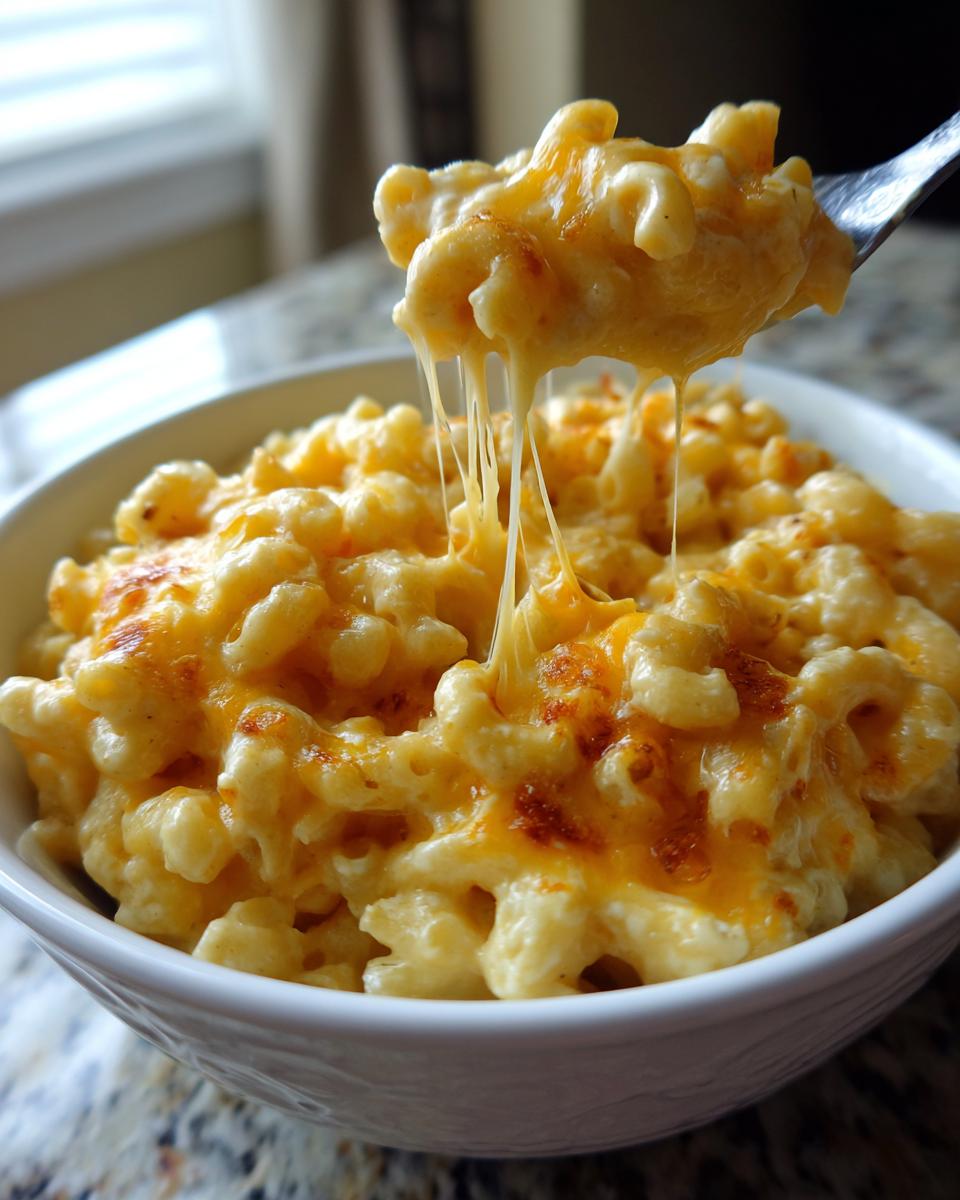 A fork lifting a generous portion of creamy homemade mac and cheese, with long strands of melted cheese stretching.