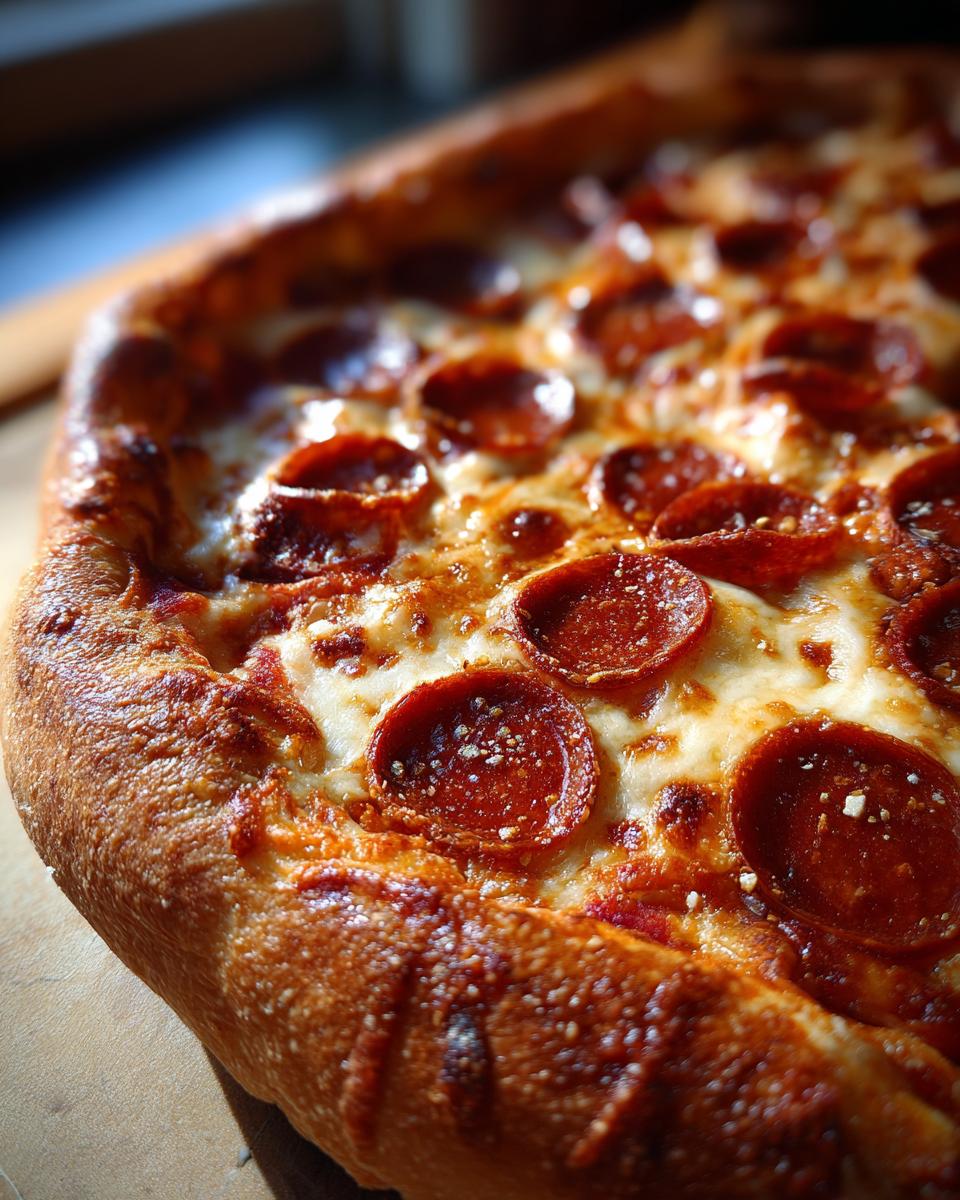 Close-up of a freshly baked homemade pepperoni pizza with a golden, chewy crust and melted cheese.