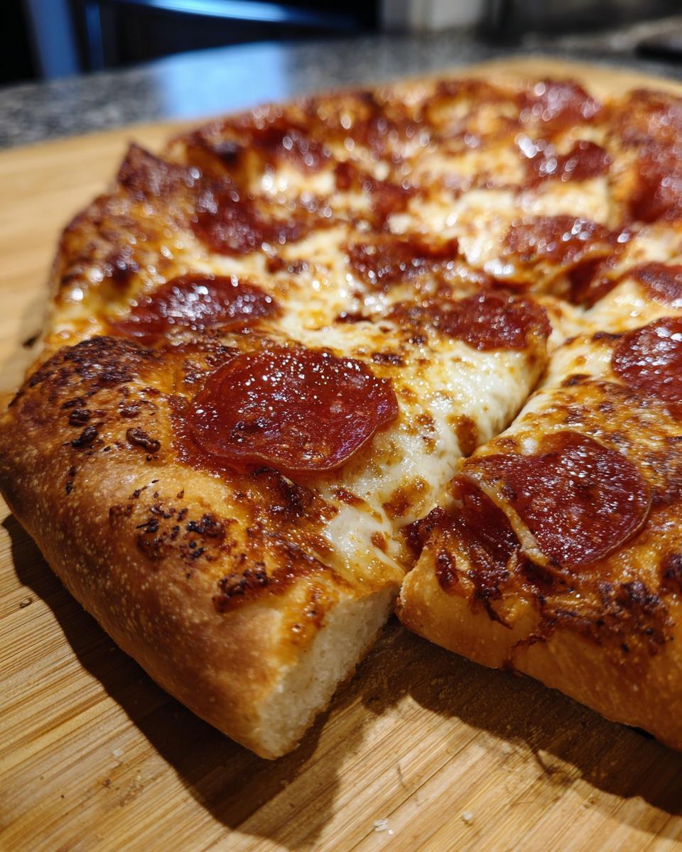 Close-up of a freshly baked homemade pepperoni pizza with a thick, chewy crust and melted cheese.