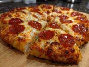 A delicious homemade pepperoni pizza with a thick, chewy crust, topped with melted cheese and pepperoni slices.