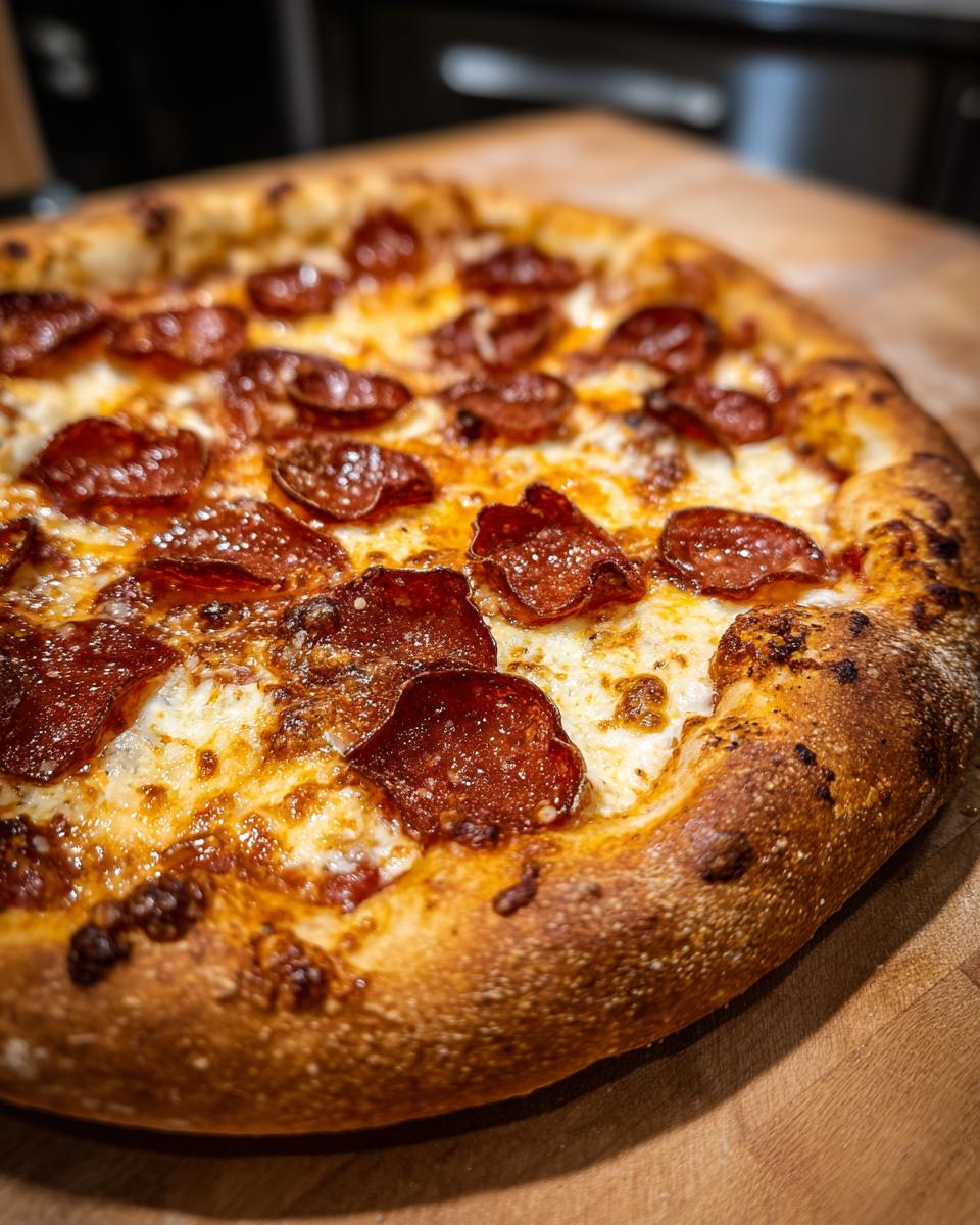 Close-up of a delicious homemade pepperoni pizza with a golden, chewy crust and melted cheese.