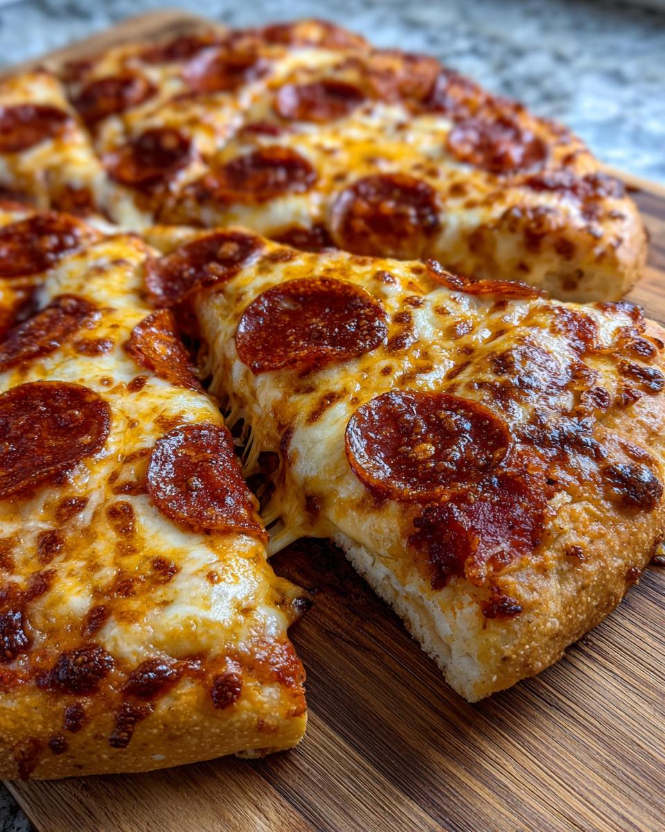 A close-up of a slice of homemade pepperoni pizza with a chewy crust and melted cheese.