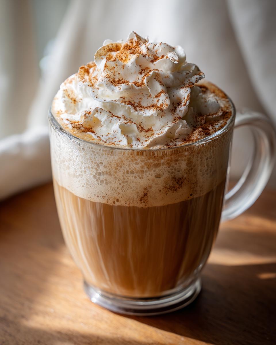 A close-up of a homemade pumpkin spice latte in a glass mug, topped with whipped cream and a sprinkle of cinnamon.