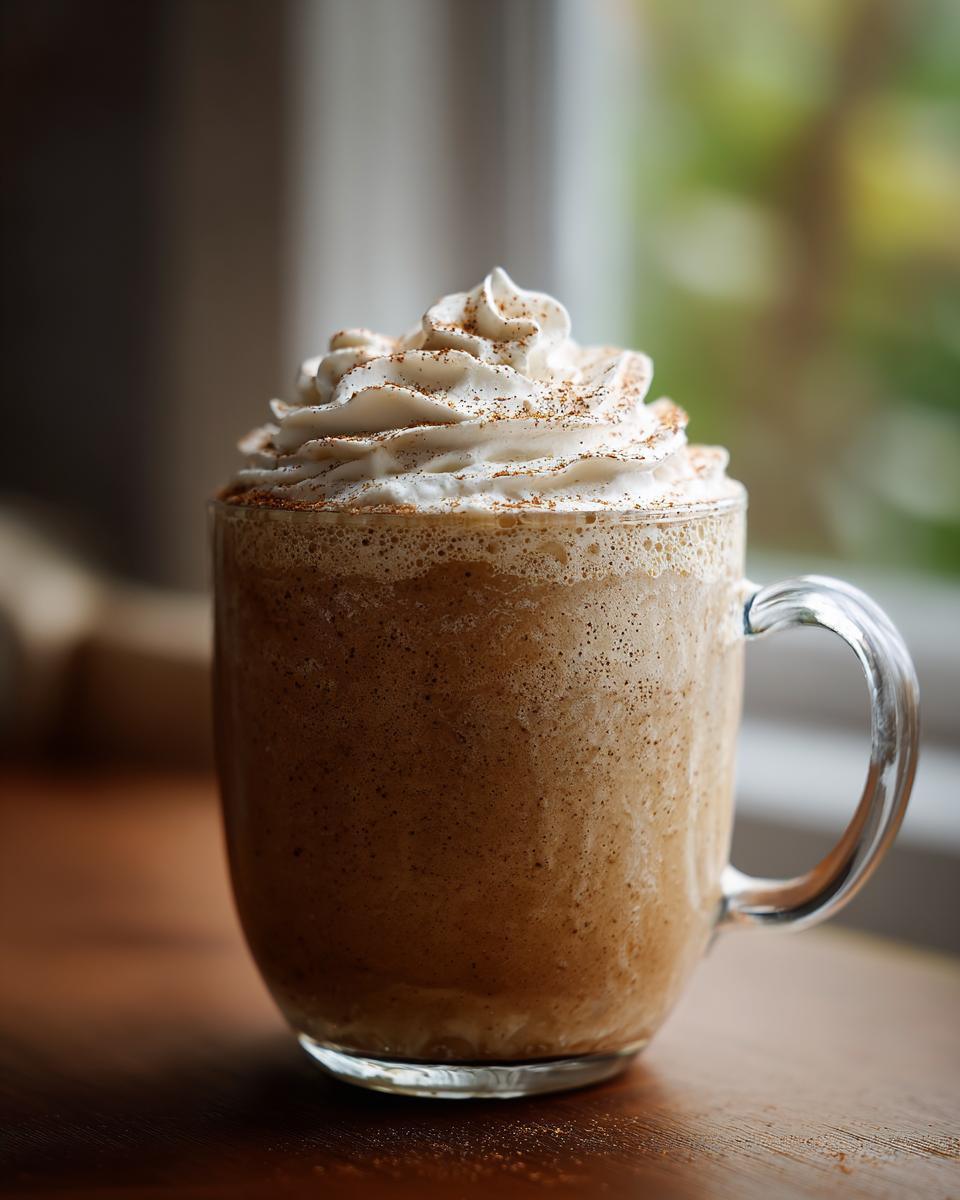 A close-up of a homemade pumpkin spice latte topped with whipped cream and a sprinkle of cinnamon.