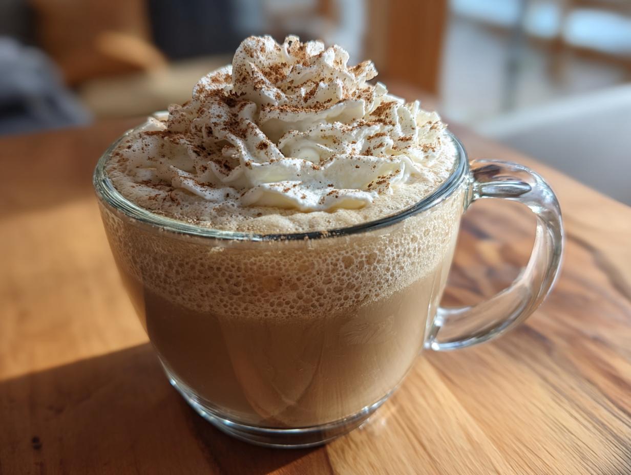 A close-up of a warm, homemade pumpkin spice latte in a clear mug, topped with whipped cream and cinnamon.
