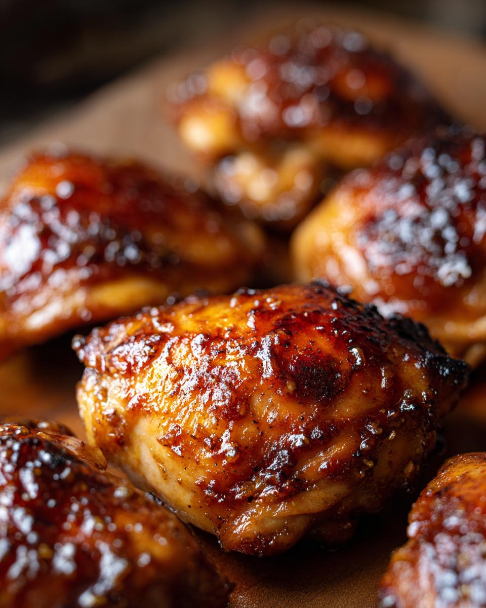 Close-up shot of glistening, baked honey garlic chicken thighs with a sticky glaze.